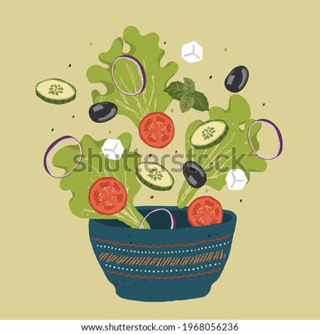 Fresh greek salad of greens and vegetables sprinkled in a deep plate. Salad recipe with lettuce, tomato, greek cheese, onion and olives. Vector hand drawn illustration