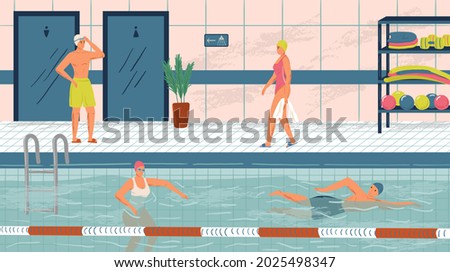 People swim in public swimming pool concept vector illustration set. Sport swimming pool interior. Man and woman swim in water
