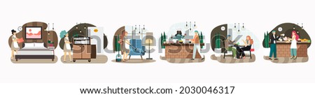 Hotel set, flat vector isolated illustration. Hotel room cleaning and food service. Hospitality industry.