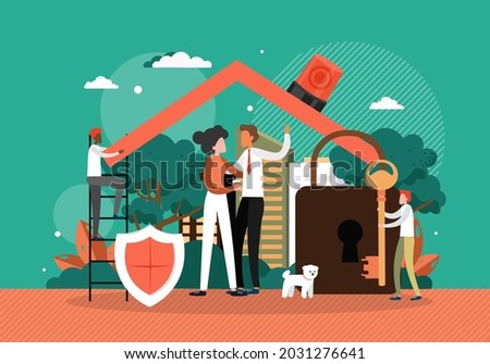 Happy couple in house building with alarm siren, flat vector illustration Home security alarm system. House protection