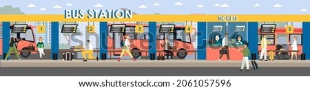 Passengers buying tickets at bus station, waiting for coach, vector illustration. Intercity bus stop terminal, tourists.