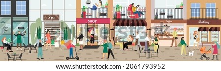 City street with stores, cafe, bakery, coffee shop, spa salon buildings and visitors, shoppers, flat vector illustration