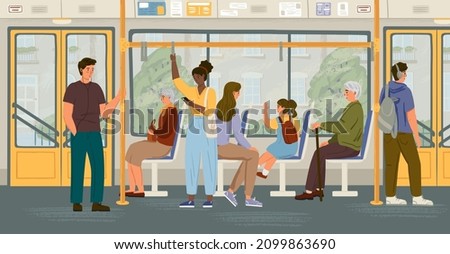 People in bus vector concept illustration. City public transport interior, sitting and standing passengers. People commute by bus Stock foto © 