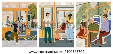 People in bus vector posters set. City public ptransport interior, sitting and standing passengers. People commute by bus