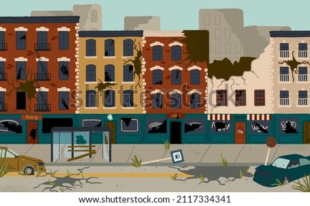 Abandoned city buildings vector cartoon illustration. People left town after earthquake or apocaliptic disaster. City house with broken walls and commercial property. Damage zone after violent riots