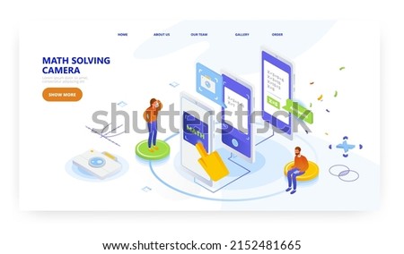 Math solving camera, landing page design, website banner vector template. Photo equations solver app. Online calculator.