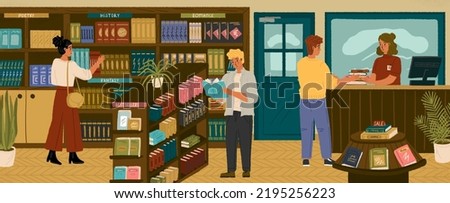People looking for a book in bookstore. Library or store, interior with book shelfs. Customer buying books in shop. Concept vector illustration