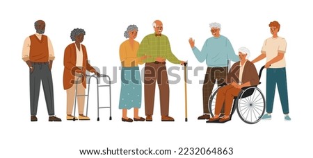 Senior people characters vector set isolated on white background. Old woman on wheelchair, aged man with walking stick. Social care service for elderly people