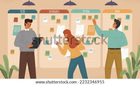 People move sticky notes on kanban board. Agile project development concept vector illustration. Business team work with agile methodology. Daily tasks in progress on kanban board