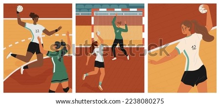 Women's handball game vector posters set. Female handball players on a field. Girl attack and throwing the ball. Handball woman player in uniform