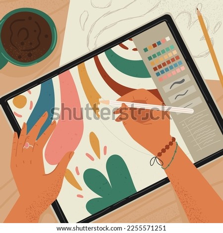 Artist graphic designer uses digital tablet vector