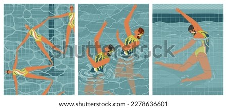Synchronized swimming vector posters set. Women synchro swimmers work as a team in swimming pool. Water sport concept