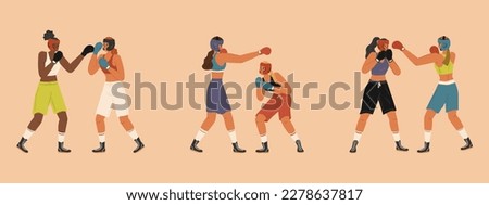 Portrait of two female professional boxers characters isolated vector illustration. Woman athletes in boxing gloves sparring. Sport combat training concept