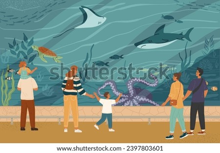People in oceanarium scene with parents and kids, loving couple