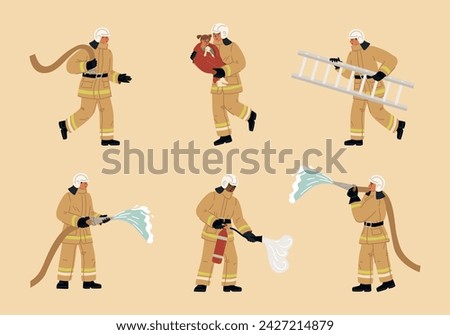 Firefighters wearing uniform using rescue equipment isolated set