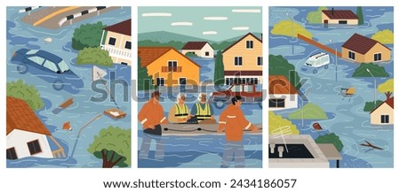 Flood natural disasters vector scene cartoon set