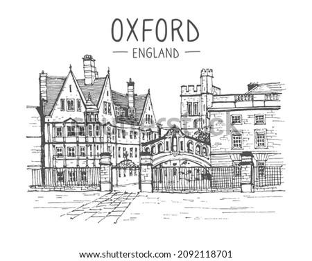 Vector travel sketch of London, Oxford, UK. Historical building line art. Freehand drawing. Sketchy line art drawing with a pen on paper of London. Hand drawn travel postcard. Hand drawing of Oxford.