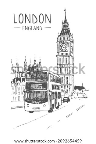 Bigben and bus in London. Vector architecture sketch illustration. Hand drawn sketch of London city, Buckingham Palace, UK. Isolated on white background. Travel sketch. Hand drawn travel postcard.