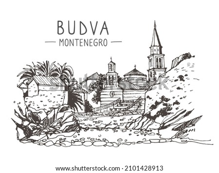 Vector architecture sketch illustration. Travel sketch of Budva, Montenegro. Liner sketches architecture of Montenegro. Freehand drawing. Sketchy line art drawing. Isolated on white background.