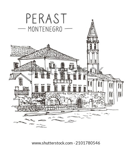 Vector travel sketch of Perast, Montenegro. Liner sketches architecture of Montenegro. Freehand drawing. Isolated on white background. Sketchy line art drawing. Architecture sketch illustration.