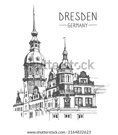 Vector sketch of Dresden, Germany. Historical building line art. Freehand drawing. Hand drawn travel postcard. Hand drawing of Dresden. Urban sketch in black color isolated on white background.