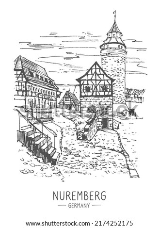 Vector sketch of Nuremberg, Germany. Freehand drawing. Hand drawn travel postcard. Urban sketch in black color isolated on white background. Historical building, castle, medieval houses line art.