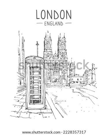 Westminster Abbey and telephone booth in London. Vector architecture sketch illustration. Hand drawn sketch of London city, UK. Isolated on white background. Travel sketch. Hand drawn travel postcard.