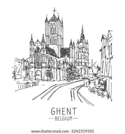 Vector travel sketch of Ghent, Belgium. Historical building line art. Freehand drawing. Hand drawn travel postcard. Hand drawing of Ghent. Urban sketch in black color isolated on white background.