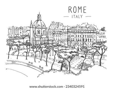 Liner sketches architecture of Italy Rome, hand drawing sketch, graphic illustration. Urban sketch in black color isolated on white background. Hand drawn travel postcard. Travel sketch. Vector.