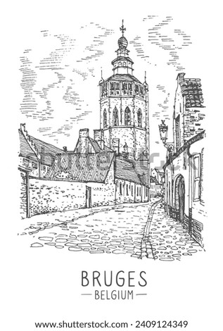 Vector sketch of Jerusalem Church in Bruges, Belgium. Illustration of an old city, a stone road, a pavement. Urban sketch in black color isolated on white background, inkpen on paper. Freehand drawing