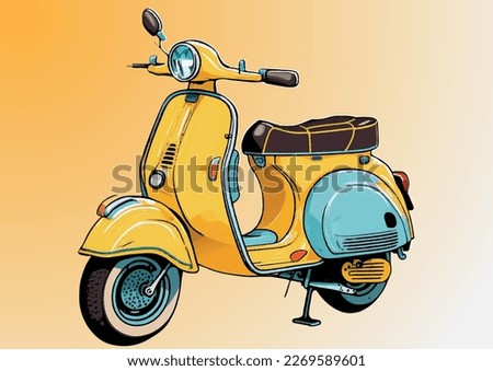 Vintage yellow scooter on orange gradient background. Isolated using EPS 10 vector graphics, allowing for versatile use in design projects.