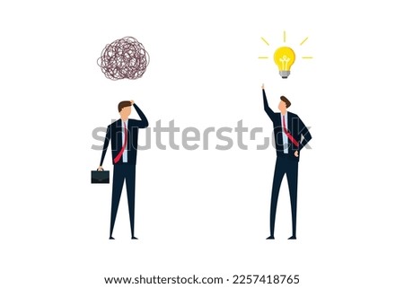 Simplified idea concept to solve difficult problems, businessmen discuss work using creativity to solve the idea of messy lines in light bulbs.