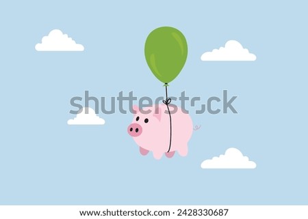 Financial freedom, pink piggy bank floating in a minimalist sky, ready to sail off to freedom.