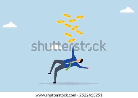 Financial mistake losing money, awkward businessman investor slipped on the wet floor and lost all of his dollar coins.