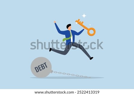 freedom for pay off debts, Content businessman holding a golden key in happiness after unlocking a chain burdened by debt.