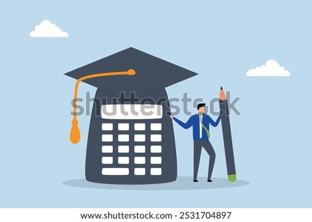 Student loan calculation, A graduate is standing with mortar board hat and calculator.