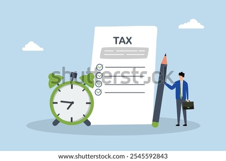 Tax time reminder, businessman grasping pencil alongside tax paperwork and a clock.