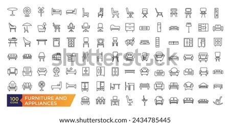 Furniture and home appliances flat line icons set. Kitchen, bedroom, sofa table, bookcase closet, chair, mattress, lamps, ladder vector illustrations.