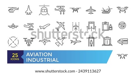 Aviation and Aircraft outline icon set with flight plane editable stroke symbol: airline, travel, charter, route, airplane, business jet, military fighter.