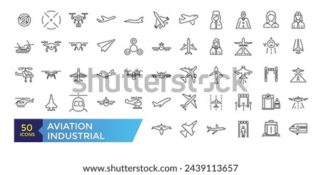 Aviation and Aircraft outline icon set with flight plane editable stroke symbol: airline, travel, charter, route, airplane, business jet, military fighter.