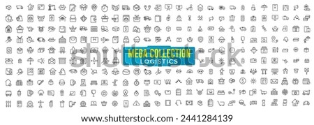 Big collection icon set. Related delivery and logistics. Outline icon collection. Supply chain, value chain, logistic, delivery, manufacturing, commerce.