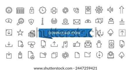 Download icon collection. Related to upload, document, link, download file, folder, data and PDF icons. Line icon set.