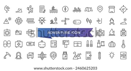 Adventure icon collection. Related to hike, campfire, snorkeling, climbing, travel and canoeing icons. Outdoor activity concept icon set.