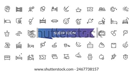 Sleep icon collection. Related to sleeping, bedroom, dream, pillow, bed, alarm clock, insomnia, night, rest and sleep disorders icons. Line icon set.