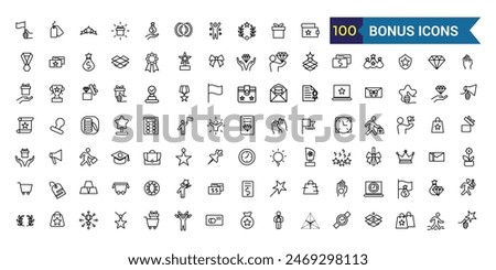 Bonus icons set. Outline set of bonus vector icons for ui design. Outline icon collection. Editable stroke.