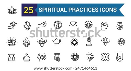 Spiritual practices icons set. Outline set of spiritual practices vector icons for ui design. Outline icon collection. Editable stroke.