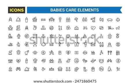 Babies, baby toys, feeding and care elements icon set. Outline icons pack. Editable vector icon and illustration.