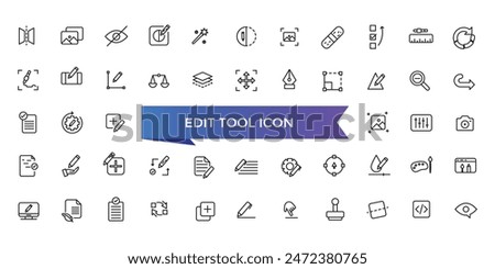 Edit tool icon collection. Related to editor, create, adjust, note, compose, revision, cut, duplicate, pen and document icons. Line icon set.