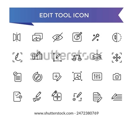 Edit tool icon collection. Related to editor, create, adjust, note, compose, revision, cut, duplicate, pen and document icons. Line icon set.