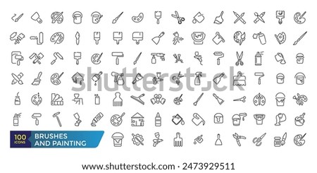 Brushes and Painting icon set. Related to Spray, Color palette, Paint Bucket and more. Collection and pack of linear web and ui icons. Editable stroke. Vector illustration